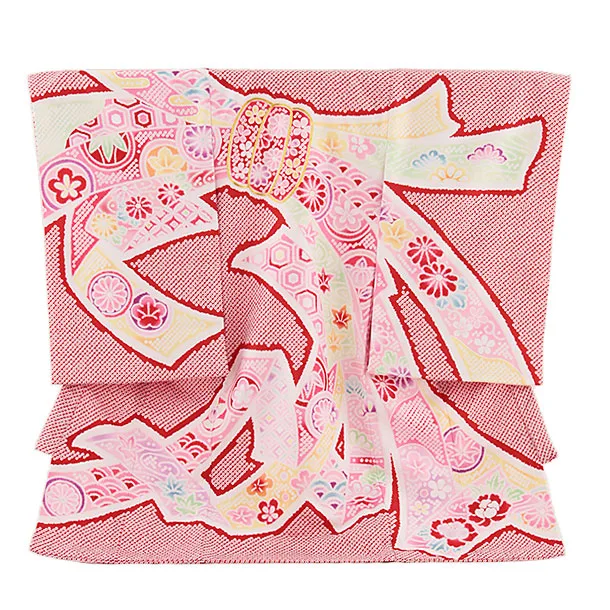 女児産着 お宮参り レンタル2725 赤 鹿の子柄 束ね熨斗