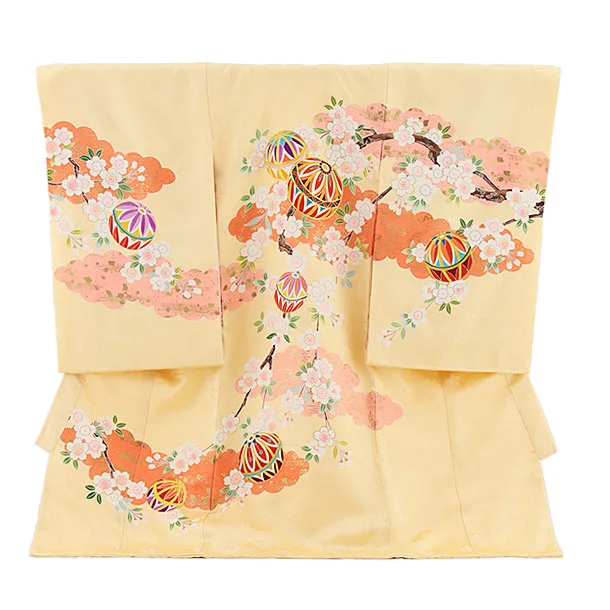 女児産着 お宮参りレンタル2736【正絹】クリーム地 雲取り 桜に鞠