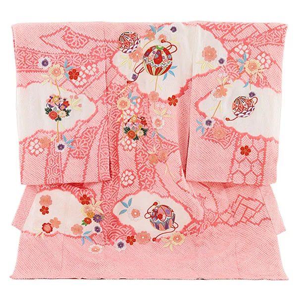 女児産着 お宮参り2739【正絹】ピンク地 絞り刺繍 熨斗に鞠