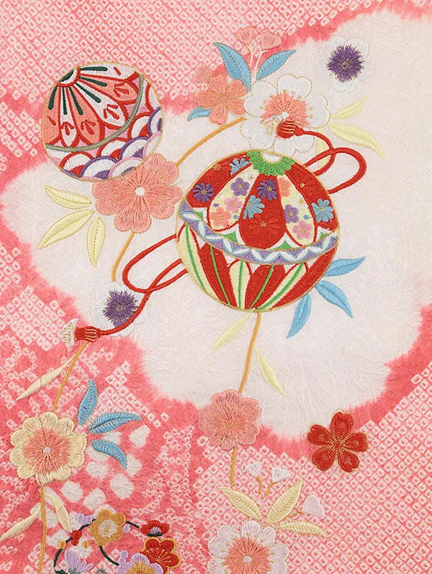 女児産着 お宮参り2739【正絹】ピンク地 絞り刺繍 熨斗に鞠