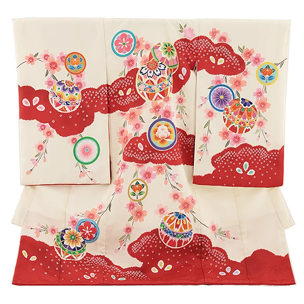 女児産着 お宮参り レンタル2756 クリーム地 鞠と垂れ桜に丸紋