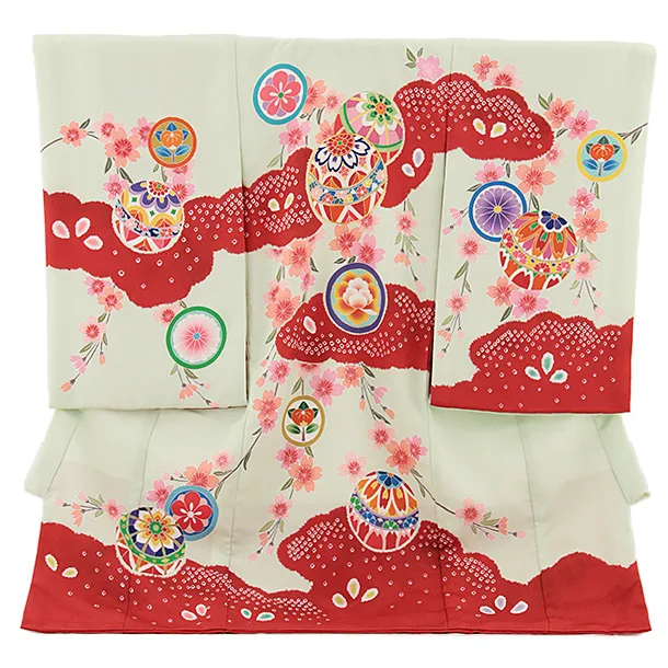 女児産着 お宮参り レンタル2757 若葉色 鞠と垂れ桜に丸紋