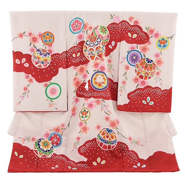 女児産着 お宮参り レンタル2758 ピンクベージュ 鞠と垂れ桜に丸紋