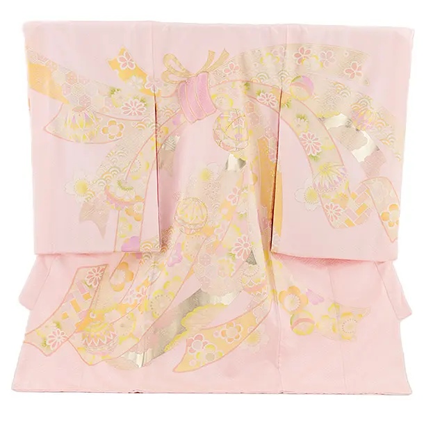 女児産着 お宮参り レンタル2767【正絹】ピンク地 束ね熨斗に鞠