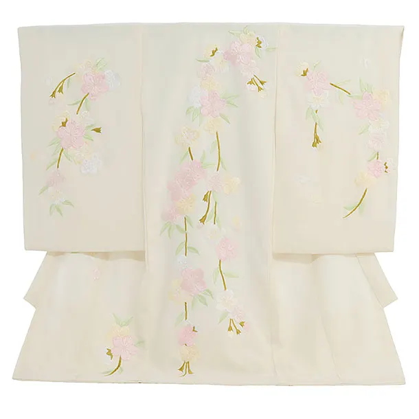 女児産着 お宮参りレンタル2833 クリームイエロー 枝垂れ桜