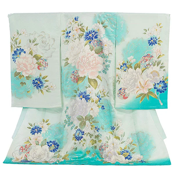 女児産着 お宮参りレンタル2836【正絹】伝産京友禅 水色 牡丹鈴