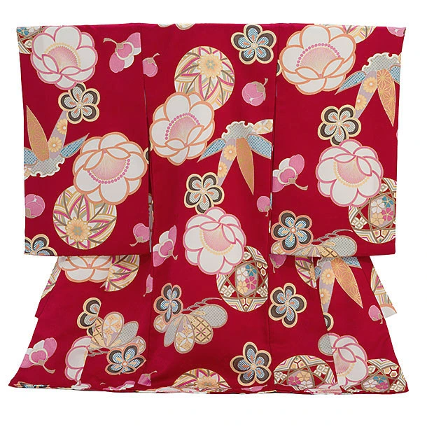 女児産着 お宮参りレンタル2841 赤地 梅と鞠