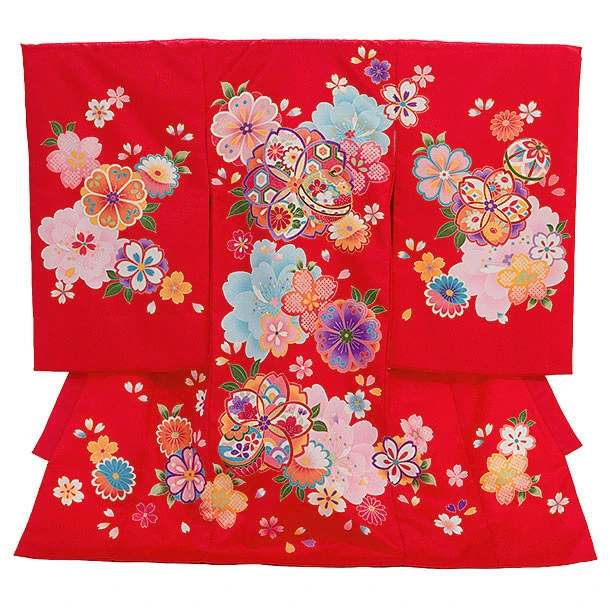 女児産着 お宮参りレンタル2842 赤地 八重桜に鈴