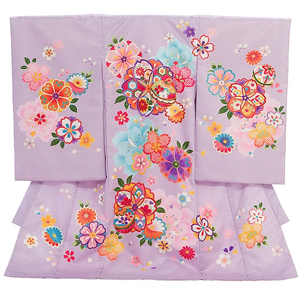 女児産着 お宮参りレンタル2843 紫地 八重桜に鈴