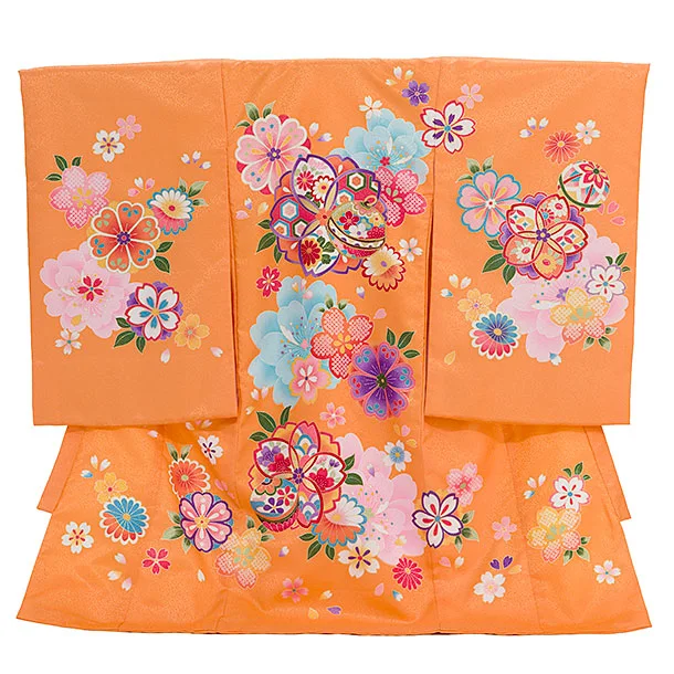 女児産着 お宮参りレンタル2844 オレンジ 八重桜に鈴