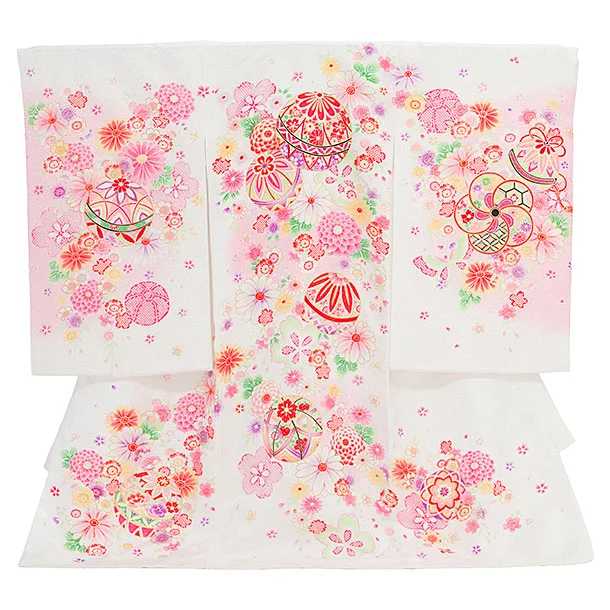 女児産着 お宮参りレンタル2867 白地 鞠に花