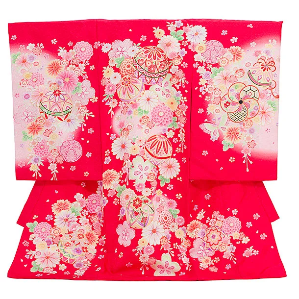 女児産着 お宮参りレンタル2868 赤地 鞠に花