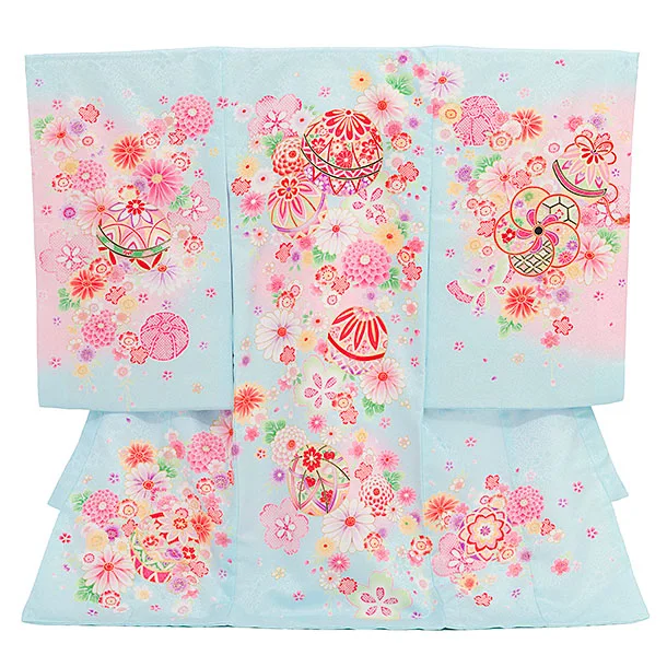 女児産着 お宮参りレンタル2870 水色 鞠に花