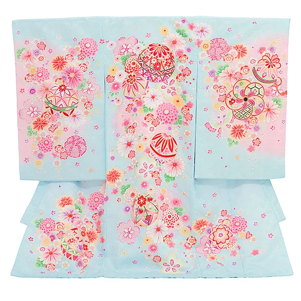 女児産着 お宮参りレンタル2871 水色 鞠に花