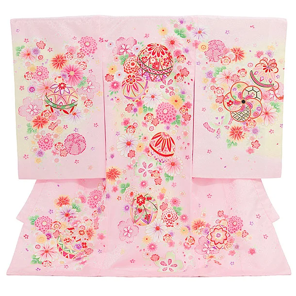 女児産着 お宮参りレンタル2872 ピンク 鞠に花