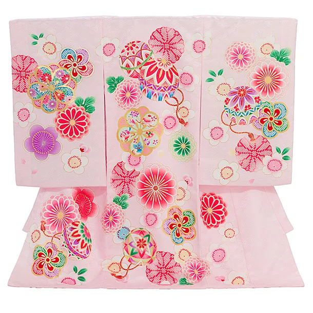 女児産着 お宮参りレンタル2874 ピンク 鞠 菊 梅