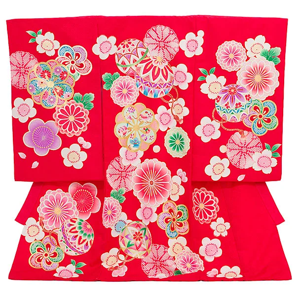 女児産着 お宮参りレンタル2875 赤地 鞠 菊 梅