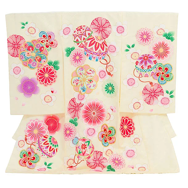 女児産着 お宮参りレンタル2876 クリーム 鞠 菊 梅