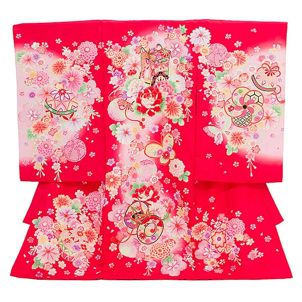 女児産着 お宮参りレンタル2881 赤地 御所車 鞠花