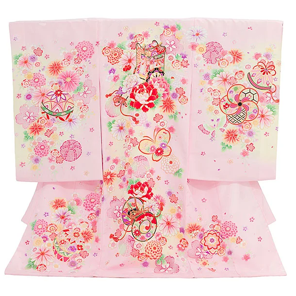 女児産着 お宮参りレンタル2882 ピンク地 御所車 鞠花