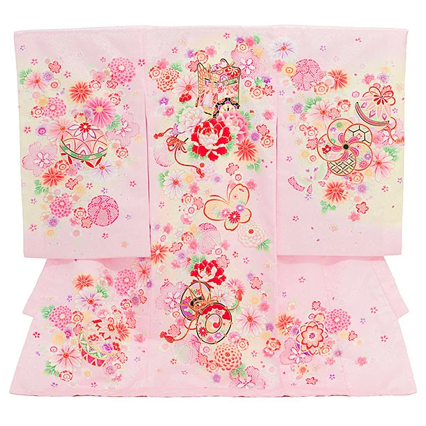 女児産着 お宮参りレンタル2883 ピンク地 御所車 鞠花