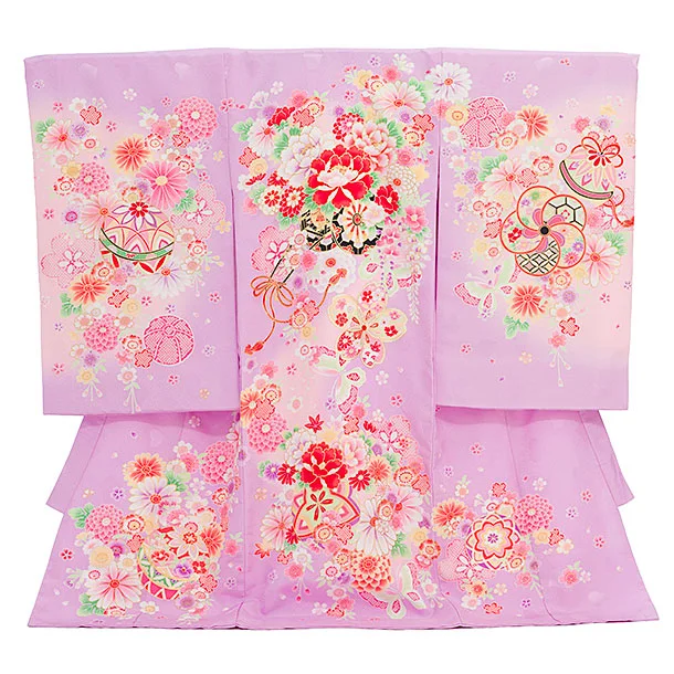 女児産着 お宮参りレンタル2884 パープル 花車 鞠と花