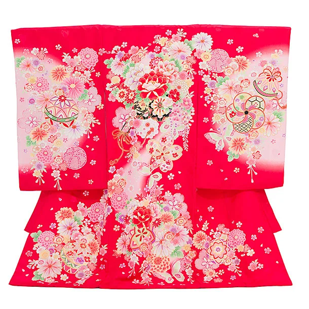 女児産着 お宮参りレンタル2885 赤地 花車 鞠と花