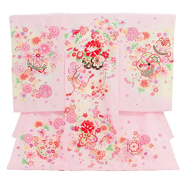 女児産着 お宮参りレンタル2886 ピンク 花車 鞠と花