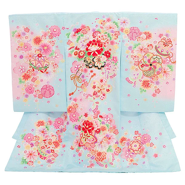 女児産着 お宮参りレンタル2887 水色 花車 鞠と花