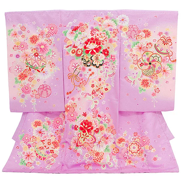 女児産着 お宮参りレンタル2889 パープル 花車 鞠と花