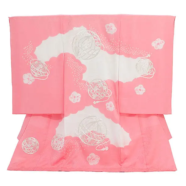 女児産着 お宮参りレンタル2899【正絹】ピンク 鞠刺繍