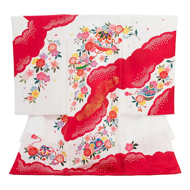 女児産着 お宮参りレンタル2900 白赤 鈴に桜