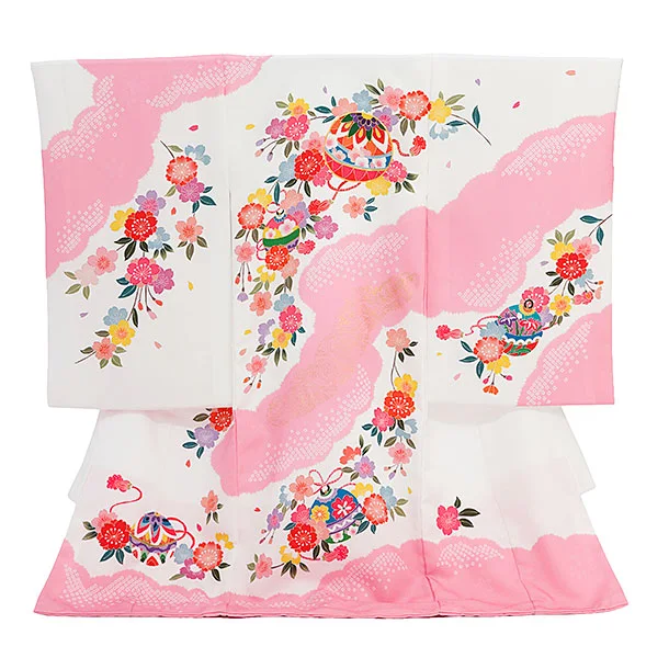 女児産着 お宮参りレンタル2901 白×ピンク 鈴に桜