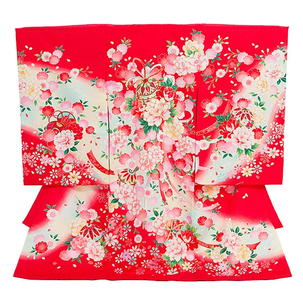 女児産着 お宮参りレンタル2904 赤地 鞠に牡丹 花尽くし