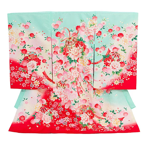 女児産着 お宮参りレンタル2905 グリーン 鞠に牡丹 花尽くし