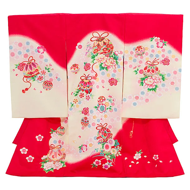 女児産着 お宮参りレンタル2906 赤地 鈴 鞠 牡丹