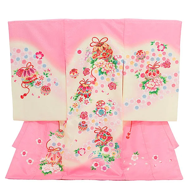 女児産着 お宮参りレンタル2907 ピンク 鈴 鞠 牡丹