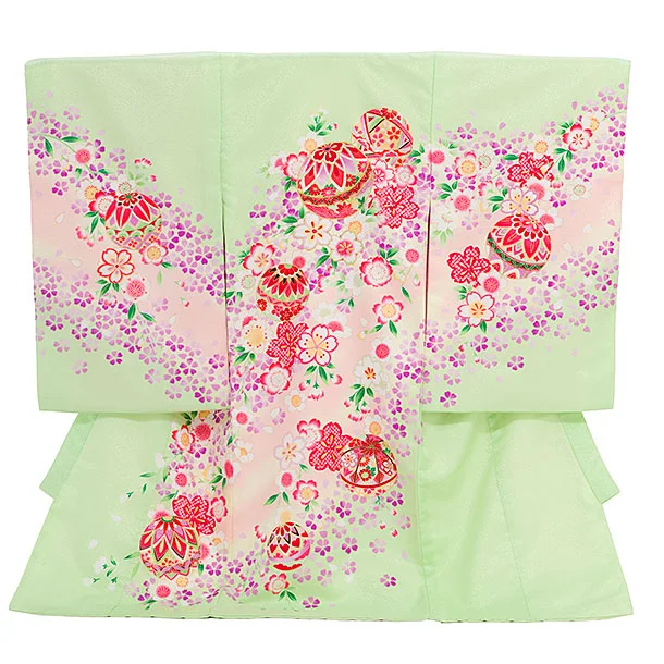 女児産着 お宮参りレンタル2908 黄緑 鞠 桜