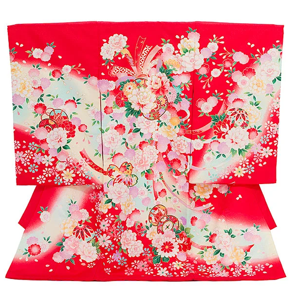 女児産着 お宮参りレンタル2909 赤地 束ね熨斗に鼓 花