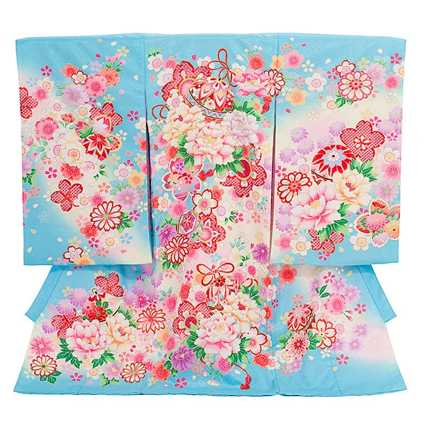 女児産着 お宮参りレンタル2910 水色 牡丹 桜