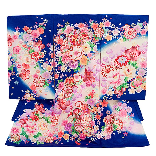 女児産着 お宮参りレンタル2911 青地 鼓 鞠 牡丹 桜