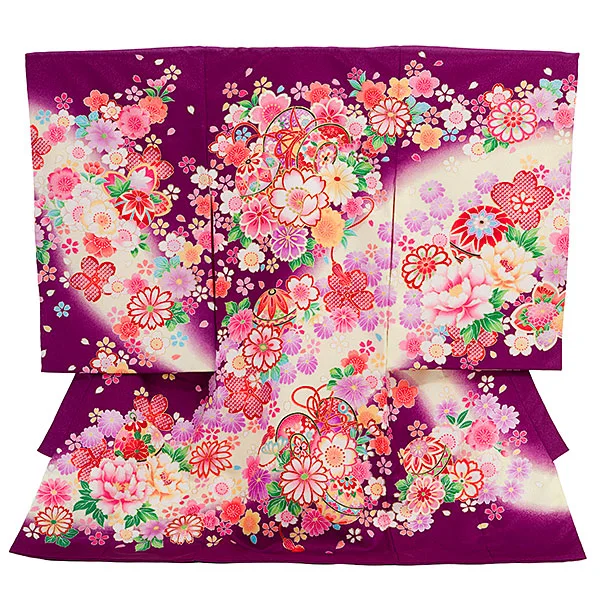 女児産着 お宮参りレンタル2912 紫地 鼓 鞠 牡丹 桜