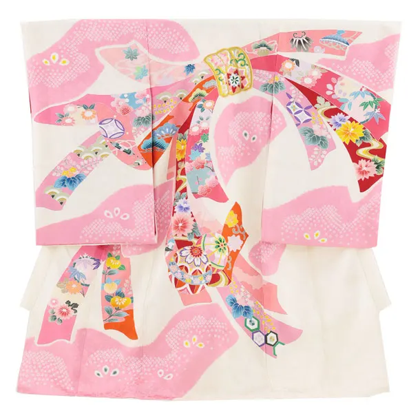 女児産着 お宮参りレンタル2922【正絹】ベージュピンク 束ね熨斗