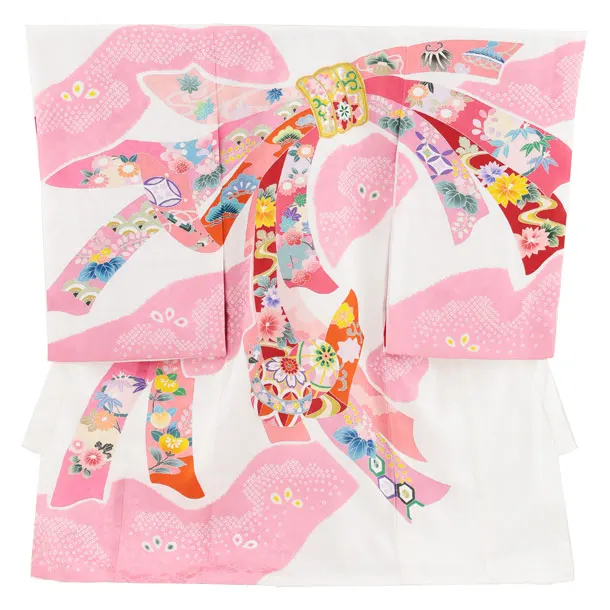 女児産着 お宮参りレンタル2923【正絹】白地ピンク 束ね熨斗