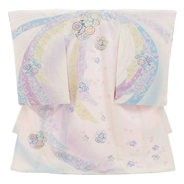 女児産着 お宮参りレンタル2959【高級正絹】滝泰おぼろ染白地  束ね熨斗に花