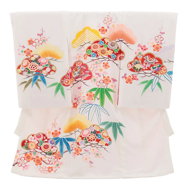 女児産着 お宮参りレンタル2964【正絹】 白地 松竹梅