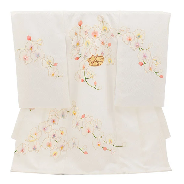 女児産着 お宮参りレンタル2965【高級正絹】伝産京友禅  白地 胡蝶蘭