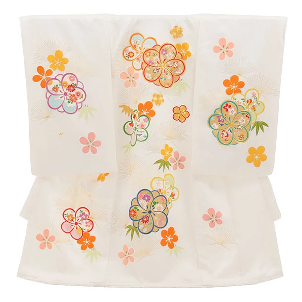 女児産着 お宮参りレンタル2966【高級正絹】伝産京友禅  白地 ねじり梅に松