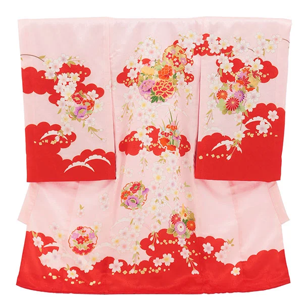 女児産着 お宮参りレンタル2970【正絹】 ピンク地 雲取り雪輪に花