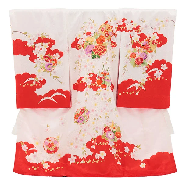 女児産着 お宮参りレンタル2971【正絹】 白地裾赤 雲取り雪輪に花